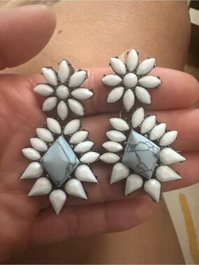 White Floral Drop Earrings with Pale Blue Marbled Center